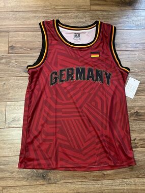 GER Germany Red Basketball Jersey with Black & Gold Trim
